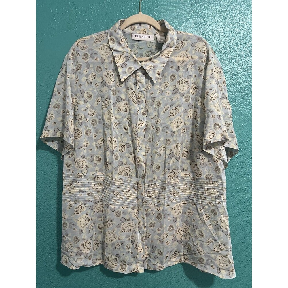 Vintage Elisabeth Floral Blouse Women’s 22W Silk Cotton Blend Blue Shirt